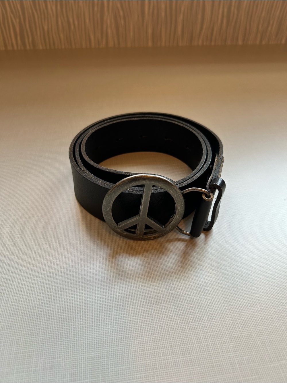 American Eagle Outfitters Black Leather Belt with Silver Peace Sign Buckle